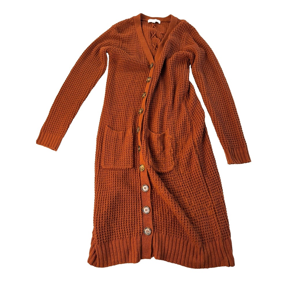Olive Oak XL Rust Waffle Knit Long Cardigan Duster Sweater Pockets